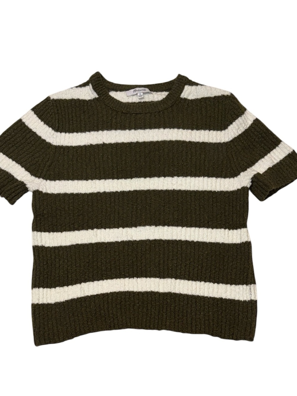 Madewell Olive and Cream Rib Knit Short Sleeve Textured Sweater